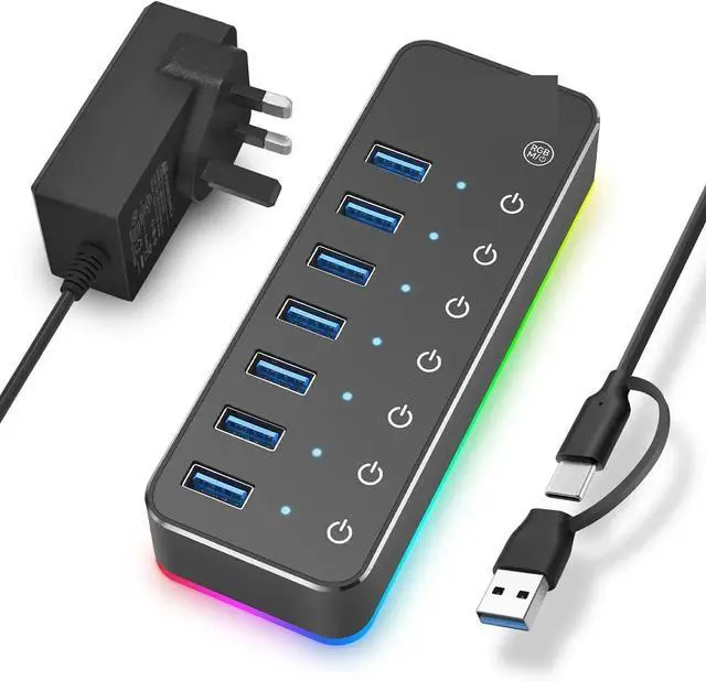 Alt view image 3 of 4 - Powered 5Gbps USB C Hub 7 Port USB3.0 14 Mode RGB LED Strip 20W Power Adapter Aluminum Gaming USB Hub(with US Plug Adapter)