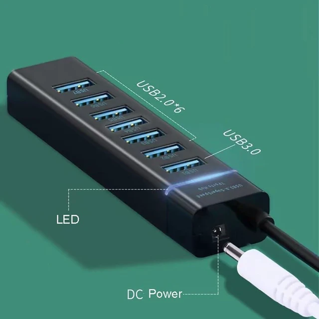 Alt view image 4 of 4 - USB 3.0 2.0 HUB Cable Splitter USB Disk Keyboard Mouse Fan Hard Disk Light Adapter with DC Power Supply Port for Laptop Notebook(7 Port USB2.0)