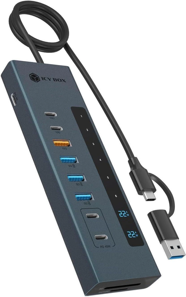 Main image of ICY BOX (11-in-1) USB-C Hub with Card Reader, 2X USB-C & 1x USB-A (10Gbps), 3X USB-A (5Gbps), 100W PD, SD/microSD UHS-I, IB-HUB1742CR-C2PD