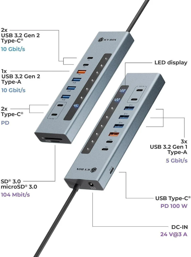 Alt view image 3 of 7 - ICY BOX (11-in-1) USB-C Hub with Card Reader, 2X USB-C & 1x USB-A (10Gbps), 3X USB-A (5Gbps), 100W PD, SD/microSD UHS-I, IB-HUB1742CR-C2PD