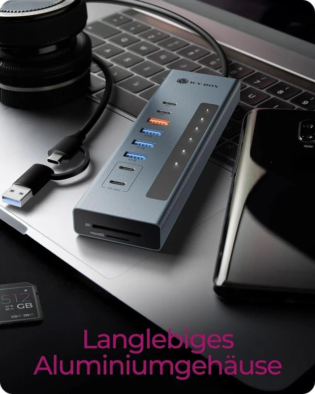 Alt view image 4 of 7 - ICY BOX (11-in-1) USB-C Hub with Card Reader, 2X USB-C & 1x USB-A (10Gbps), 3X USB-A (5Gbps), 100W PD, SD/microSD UHS-I, IB-HUB1742CR-C2PD