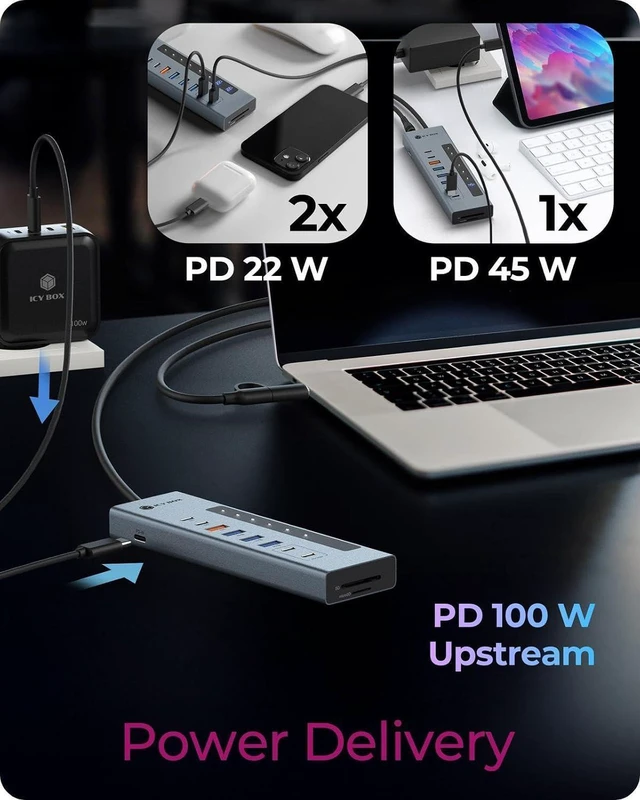 Alt view image 5 of 7 - ICY BOX (11-in-1) USB-C Hub with Card Reader, 2X USB-C & 1x USB-A (10Gbps), 3X USB-A (5Gbps), 100W PD, SD/microSD UHS-I, IB-HUB1742CR-C2PD