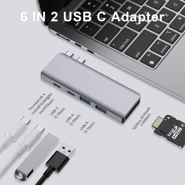 Alt view image 2 of 7 - USB C Hub, 6-in-2 USB Adapter for MacBook Pro Air Thunderbolt 4 Dock with 100W PD, 40Gbps, USB-C 3.0, 2 USB-A 3.0, SD/TF Card Reader, Compatible with MacBook Pro Air M1/M2/M3/M4