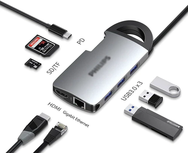 Alt view image 2 of 7 - Port Expander USB C Docking Station 8-in-1 USB C Hub Adapter Aluminum Shell (4K HDMI, 3 USB3.0, SD/TF Card Reader, 60W PD, Ethernet Port USB Splitter