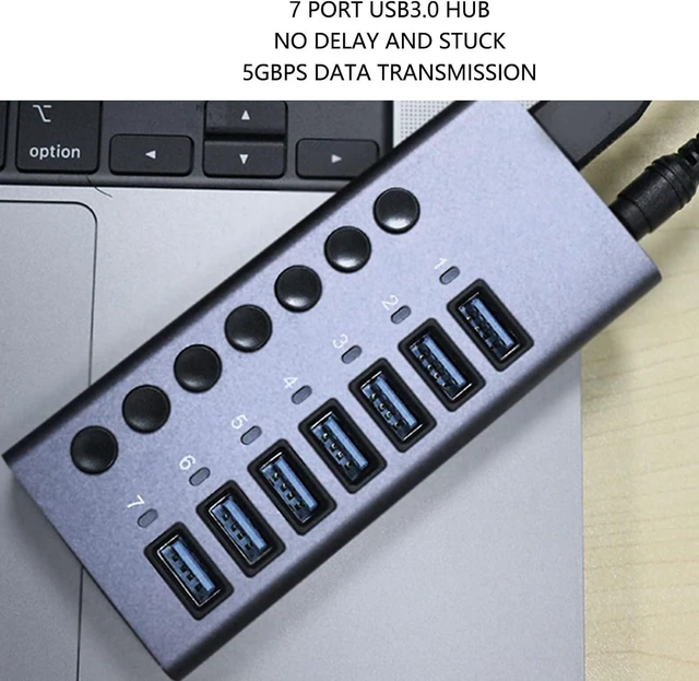Alt view image 2 of 7 - 7 Port USB3.0 Hub, 5Gbps Data Transmission, 5V 2.4A Output, Individual Switch, LED Indicator, Plug and Play, Wide Compatibility, Aluminium Alloy (US Plug)