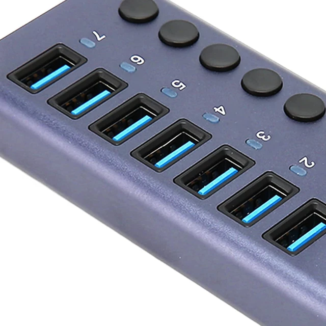 Alt view image 7 of 7 - 7 Port USB3.0 Hub, 5Gbps Data Transmission, 5V 2.4A Output, Individual Switch, LED Indicator, Plug and Play, Wide Compatibility, Aluminium Alloy (US Plug)