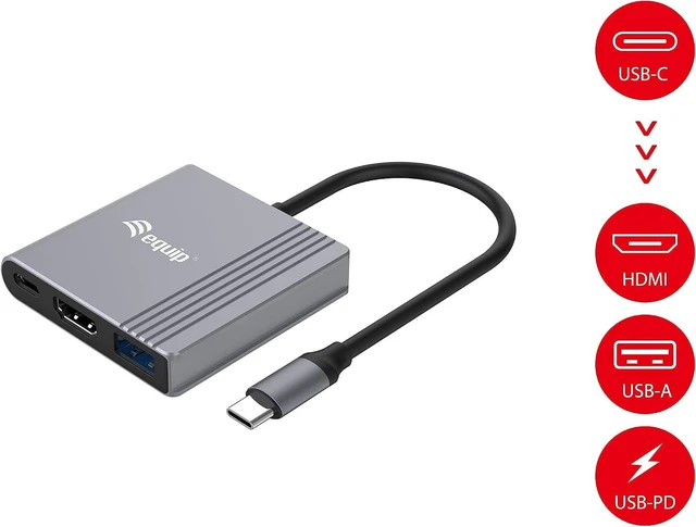 Alt view image 3 of 5 - Equip 133488 3-in-1 USB-C to HDMI/USB-A/USB PD Adapter, 4K/60Hz, PD 100W