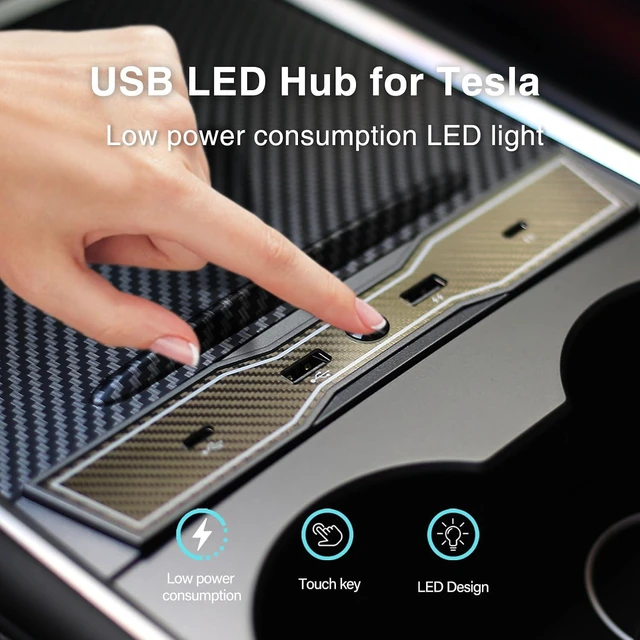 Alt view image 3 of 5 - for Tesla LED Light USB Hub Car USB Hub for 2021 2022 2023 Tesla Model 3/Y Fast Charge with Carbon Fiber Hub Docking Station for Tesla Interior