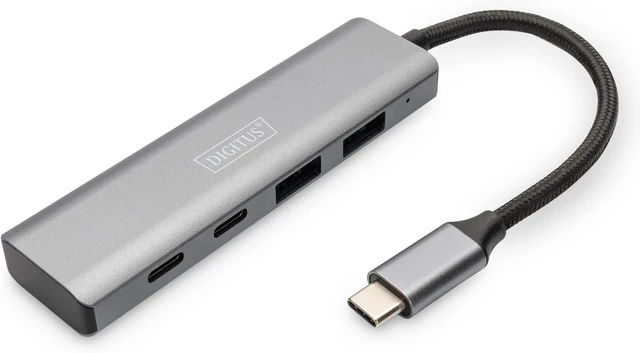 Main image of DIGITUS 4-Port USB-C Hub - USB 3.1 Gen 2-2X USB A + 2X USB-C - up to 10Gbps - Plug & Play - Aluminum Case - Dark Grey