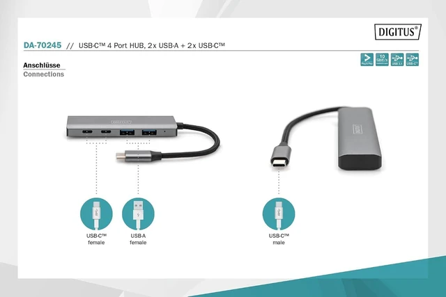 Alt view image 2 of 7 - DIGITUS 4-Port USB-C Hub - USB 3.1 Gen 2-2X USB A + 2X USB-C - up to 10Gbps - Plug & Play - Aluminum Case - Dark Grey
