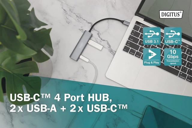 Alt view image 4 of 7 - DIGITUS 4-Port USB-C Hub - USB 3.1 Gen 2-2X USB A + 2X USB-C - up to 10Gbps - Plug & Play - Aluminum Case - Dark Grey