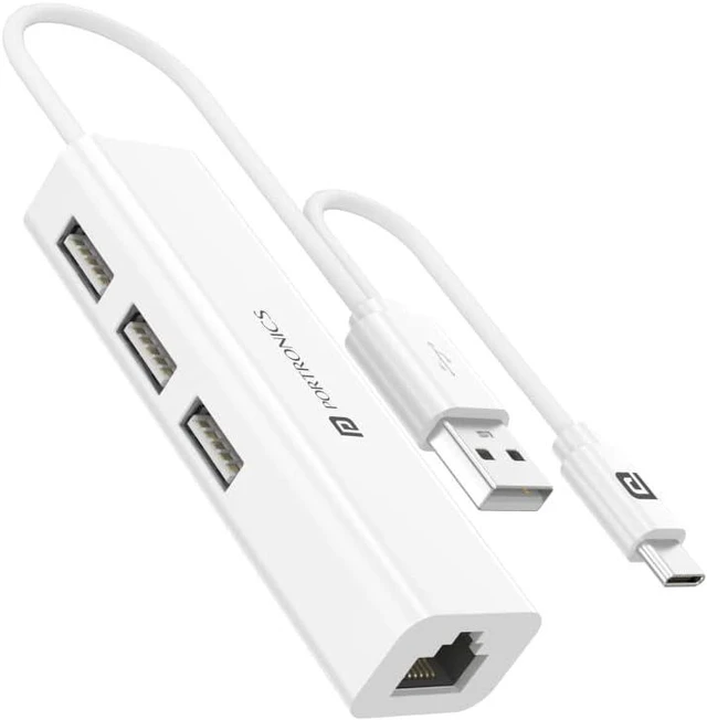 Main image of Portronics Mport 60 USB C to Ethernet Adapter (4-in-1), Multiport Hub with 3-Port 480 Mbps USB 2.0 and 100 Mbps Ethernet LAN RJ45 (White)