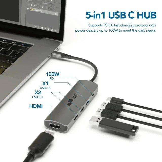 Alt view image 2 of 5 - Mobile Pixels 5-in-1 USB C Hub Multiport Adapter, 100W Power Delivery