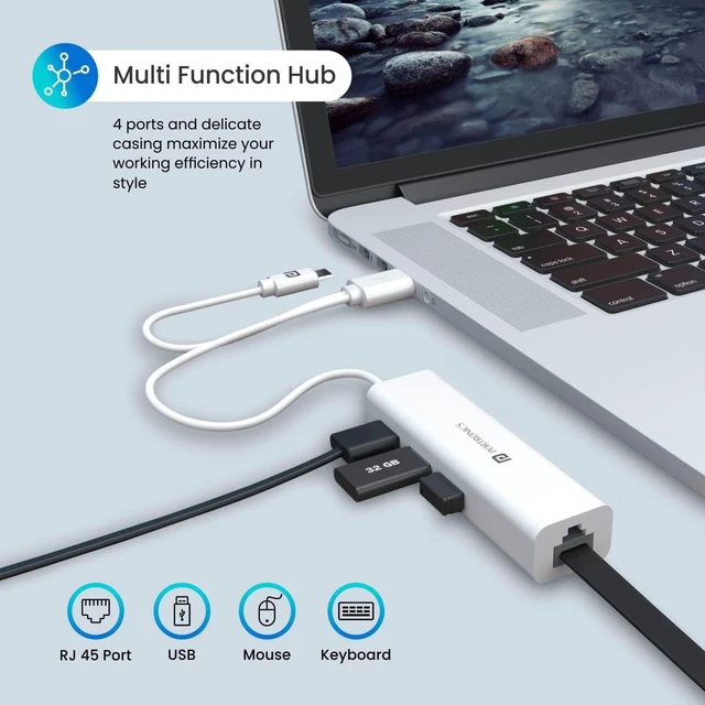 Alt view image 2 of 7 - Portronics Mport 60 USB C to Ethernet Adapter (4-in-1), Multiport Hub with 3-Port 480 Mbps USB 2.0 and 100 Mbps Ethernet LAN RJ45 (White)