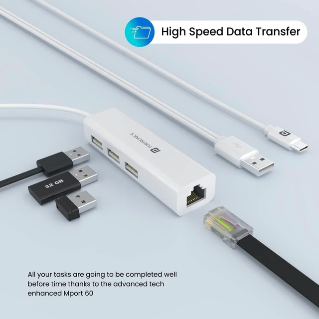 Alt view image 6 of 7 - Portronics Mport 60 USB C to Ethernet Adapter (4-in-1), Multiport Hub with 3-Port 480 Mbps USB 2.0 and 100 Mbps Ethernet LAN RJ45 (White)