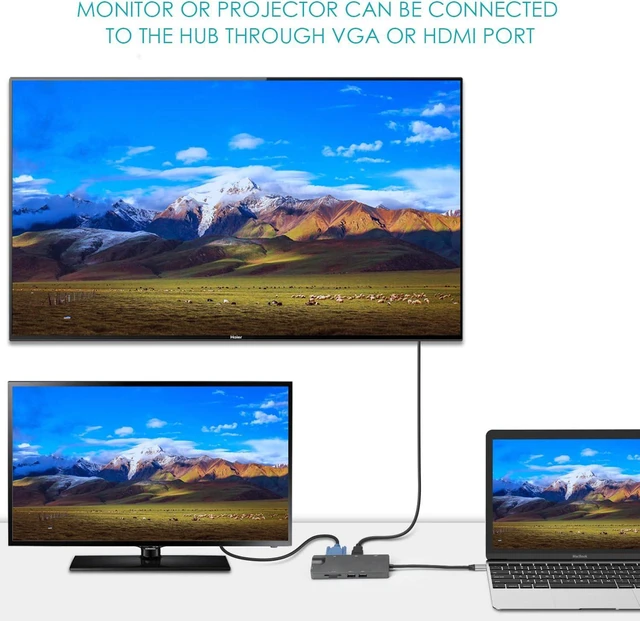 Alt view image 4 of 7 - USB C Hub, 9-in-1 USB C Adapter with 4K USB C to HDMI, VGA, Gigabit Ethernet, 2 USB-A 5 Gbps, 100W PD, MicroSD/SD Card Reader, USB C Dock for MacBook Pro/MacBook Air/Dell/HP/Lenovo