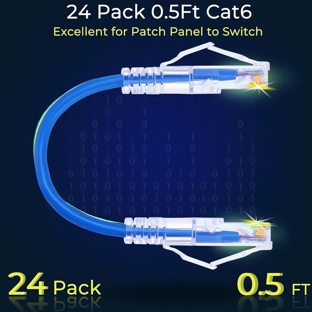Alt view image 2 of 7 - Rapink 24 Pack Cat6a Ethernet Patch Cables 0.5ft Blue, Supports 10G, Snagless, Slim, Ideal for Patch Panel to Switch, Data Center, Improves Airflow