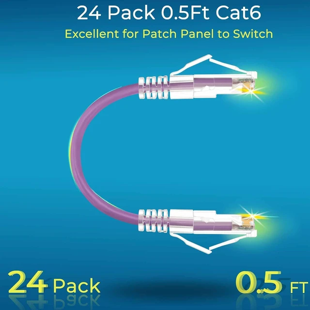 Alt view image 2 of 7 - Rapink Patch Cables Cat6/ Cat6a 0.5ft (24 Pack) Slim, Cat6a Ethernet Patch Cable 10G Support, Snagless Cat 6 Patch Cable for Patch Panel to Switch, Flexiable Cat6 Ethernet Cable Purple