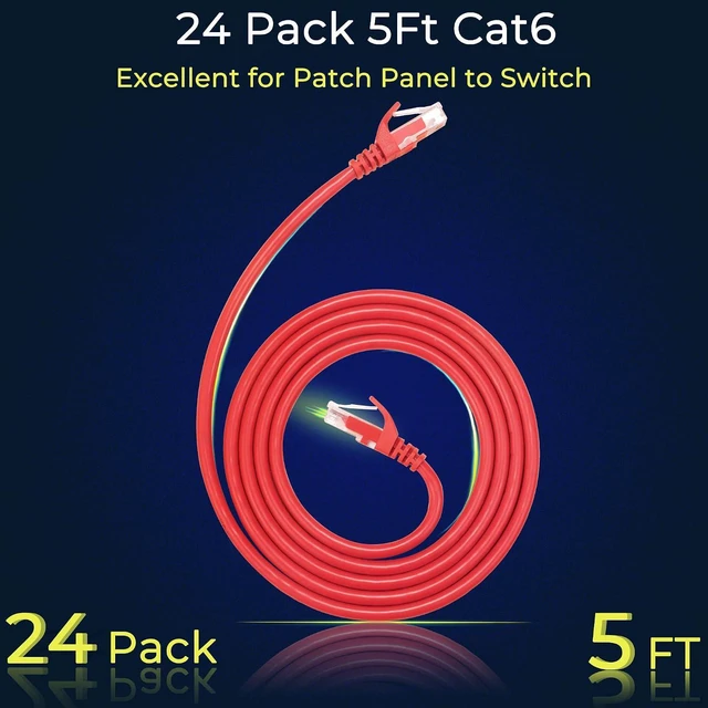 Alt view image 2 of 7 - Rapink Patch Cables Cat6 5ft (24 Pack), Ethernet Patch Cable 10G Support, Cat 6 Patch Cable for Patch Panel to Switch, Flexiable Cat 6 Ethernet Cable with Gold Plated Red