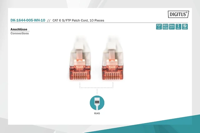 Alt view image 3 of 5 - DIGITUS CAT 6 S-FTP Patch Cord, Cu, LSZH AWG 27/7, Length 0.5 m, 10 Pieces, Color White