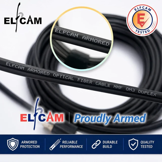 Alt view image 6 of 7 - Elfcam® - 300m/984ft Outdoor and Indoor Shielded Armored Fiber Optic Cable LC/UPC to LC/UPC OM3 Mutimode Duplex 50/125m LSZH, Black (300M)