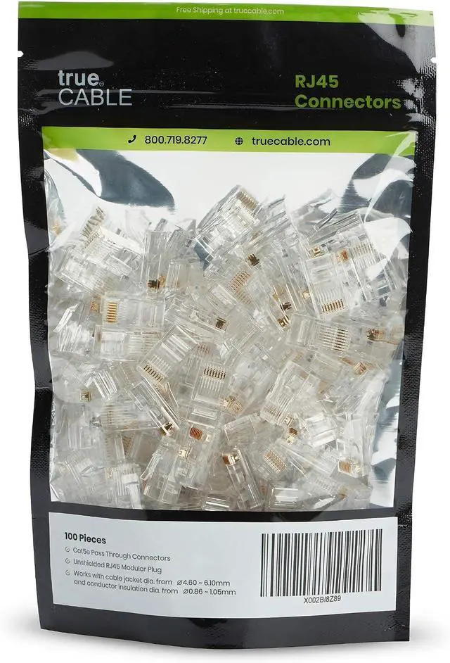 Alt view image 2 of 7 - trueCABLE Cat5e RJ45 Pass Through Connectors, Unshielded (UTP) Modular Plug, UL Listed, EZ Crimp End, Gold Plated 3 Prong 8P8C, 100 Pieces