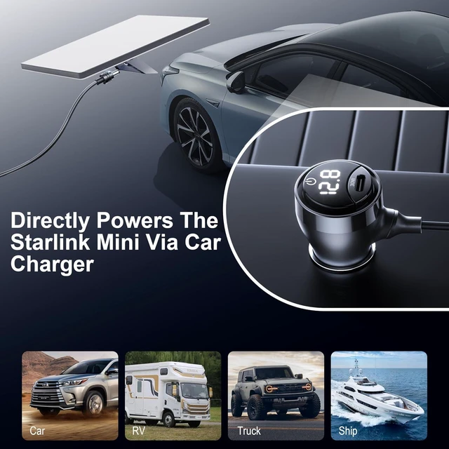 Alt view image 3 of 7 - Starlink Mini DC Cable with SwitchStarlink Mini Accessories 16AWG Waterproof Car Charger DC Power Cables+ Cigarette Lighter Adapter 12V-48V Digital Display USB C PD 30W Ports for Trucks and Cars,10FT