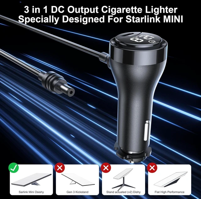 Alt view image 2 of 7 - Starlink Mini DC Cable with SwitchStarlink Mini Accessories 16AWG Waterproof Car Charger DC Power Cables+ Cigarette Lighter Adapter 12V-48V Digital Display USB C PD 30W Ports for Trucks and Cars,10FT