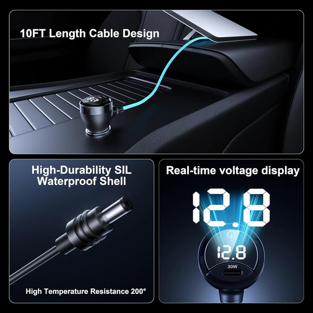 Alt view image 4 of 7 - Starlink Mini DC Cable with SwitchStarlink Mini Accessories 16AWG Waterproof Car Charger DC Power Cables+ Cigarette Lighter Adapter 12V-48V Digital Display USB C PD 30W Ports for Trucks and Cars,10FT