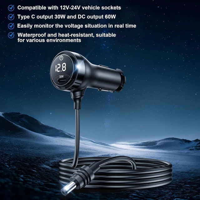 Alt view image 6 of 7 - Starlink Mini DC Cable with SwitchStarlink Mini Accessories 16AWG Waterproof Car Charger DC Power Cables+ Cigarette Lighter Adapter 12V-48V Digital Display USB C PD 30W Ports for Trucks and Cars,10FT