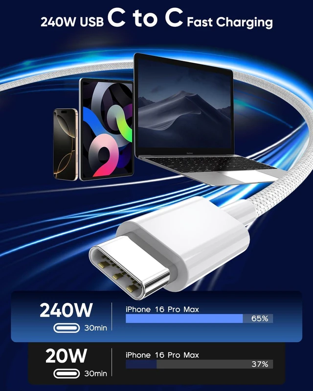 Alt view image 2 of 7 - USB C to USB C,240W USB-C Woven Charge Cable,6.6ft 2Pack USB C Cable Fast Charging Cord for Apple MacBook Pro/MacBook Air,iPad Pro/Air,iPad Mini,iPhone 16 15 Pro Max Plus Compatible 140W/100W/60W/45W