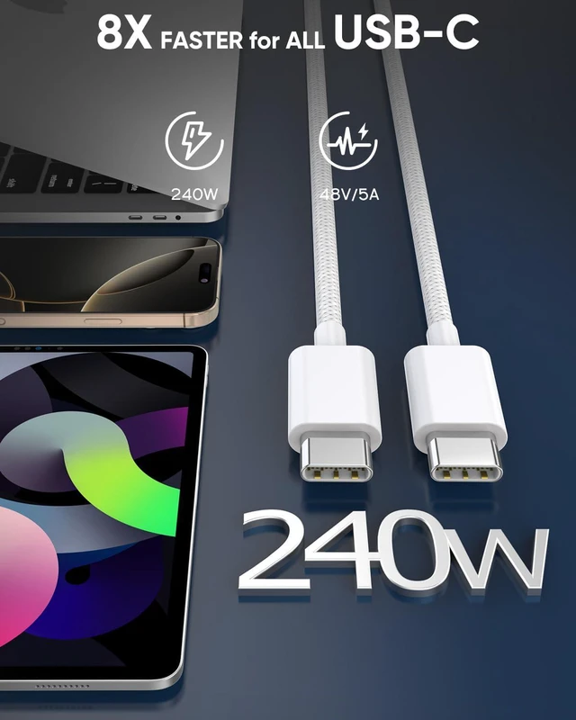 Alt view image 3 of 7 - USB C to USB C,240W USB-C Woven Charge Cable,6.6ft 2Pack USB C Cable Fast Charging Cord for Apple MacBook Pro/MacBook Air,iPad Pro/Air,iPad Mini,iPhone 16 15 Pro Max Plus Compatible 140W/100W/60W/45W