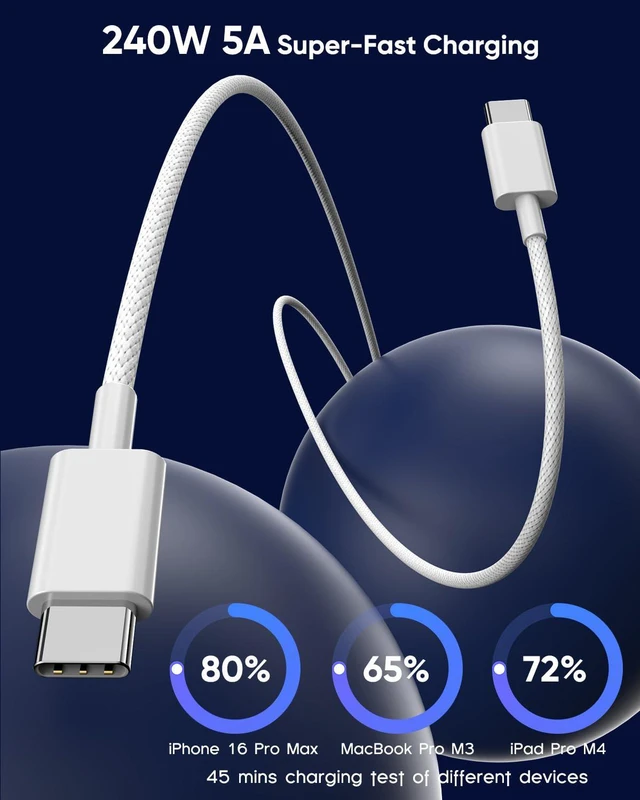 Alt view image 4 of 7 - USB C to USB C,240W USB-C Woven Charge Cable,6.6ft 2Pack USB C Cable Fast Charging Cord for Apple MacBook Pro/MacBook Air,iPad Pro/Air,iPad Mini,iPhone 16 15 Pro Max Plus Compatible 140W/100W/60W/45W