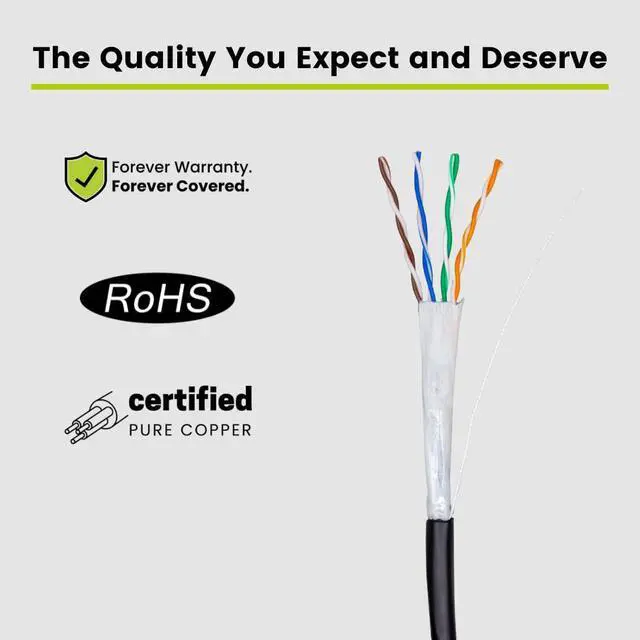Alt view image 4 of 7 - TRUE CABLE Cat5e Direct Burial Bulk Ethernet Cable, Unshielded U/UTP, 1000ft, Black, Waterproof, Outdoor OSP Jacket, 24AWG Solid Bare Copper, 350MHz, PoE++ 100W