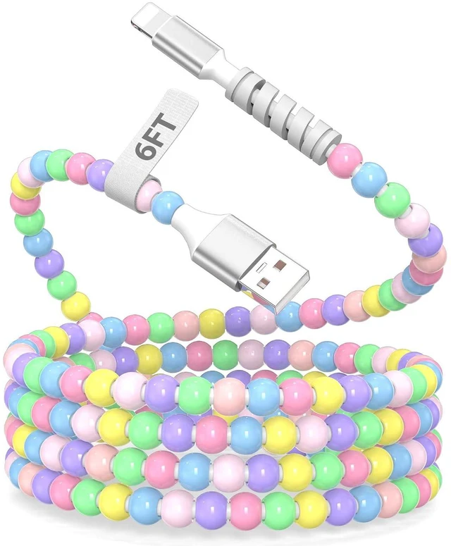 Main image of iMangoo 6FT USB A Cable for iPhone 14 13 12 11 Pro Max XR XS 8 7 6 6s Plus 5 4 4s SE for iPad Cute Colorful Beaded Phone Charger Fast Charging Cord USB-A Wire for Home Office Car for CarPlay