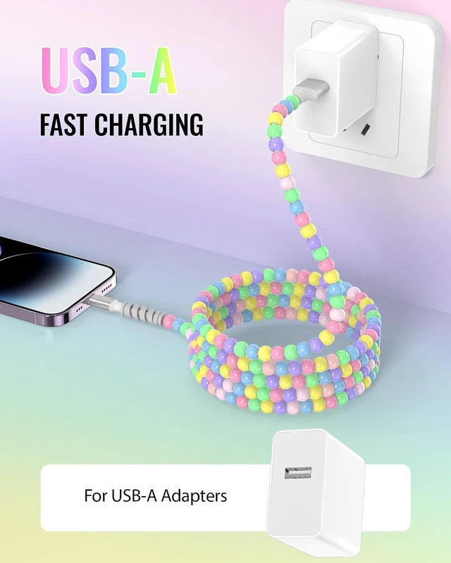 Alt view image 3 of 7 - iMangoo 6FT USB A Cable for iPhone 14 13 12 11 Pro Max XR XS 8 7 6 6s Plus 5 4 4s SE for iPad Cute Colorful Beaded Phone Charger Fast Charging Cord USB-A Wire for Home Office Car for CarPlay