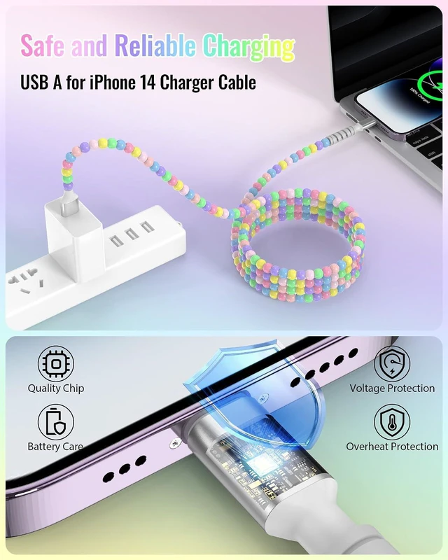 Alt view image 5 of 7 - iMangoo 6FT USB A Cable for iPhone 14 13 12 11 Pro Max XR XS 8 7 6 6s Plus 5 4 4s SE for iPad Cute Colorful Beaded Phone Charger Fast Charging Cord USB-A Wire for Home Office Car for CarPlay