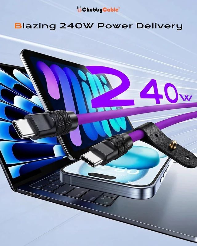 Alt view image 2 of 6 - chubbycable Black Chubby Pro - Samurai Cable 240W USB-C Cable Silicone Fast Charging Type C Charger Cord, Blue, Type-C to Type-C, 6.6FT