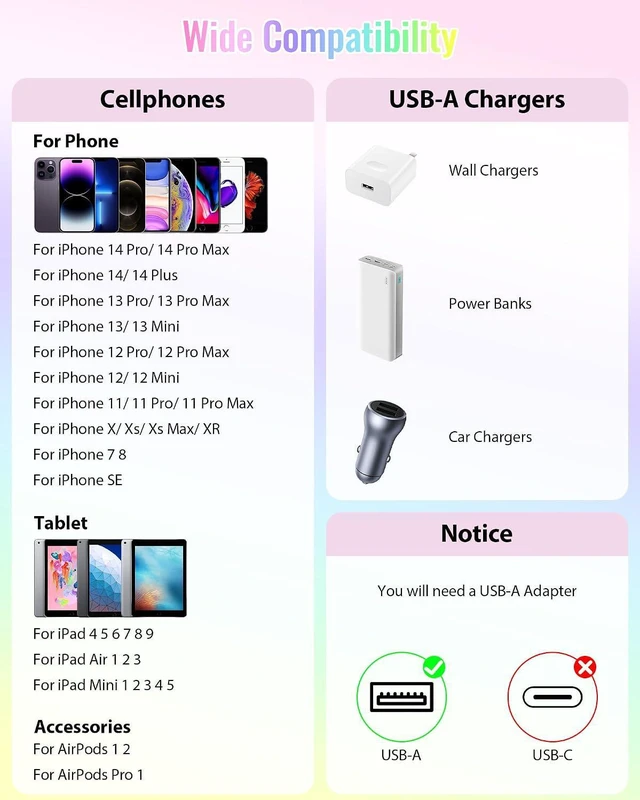 Alt view image 6 of 7 - iMangoo 6FT USB A Cable for iPhone 14 13 12 11 Pro Max XR XS 8 7 6 6s Plus 5 4 4s SE for iPad Cute Colorful Beaded Phone Charger Fast Charging Cord USB-A Wire for Home Office Car for CarPlay