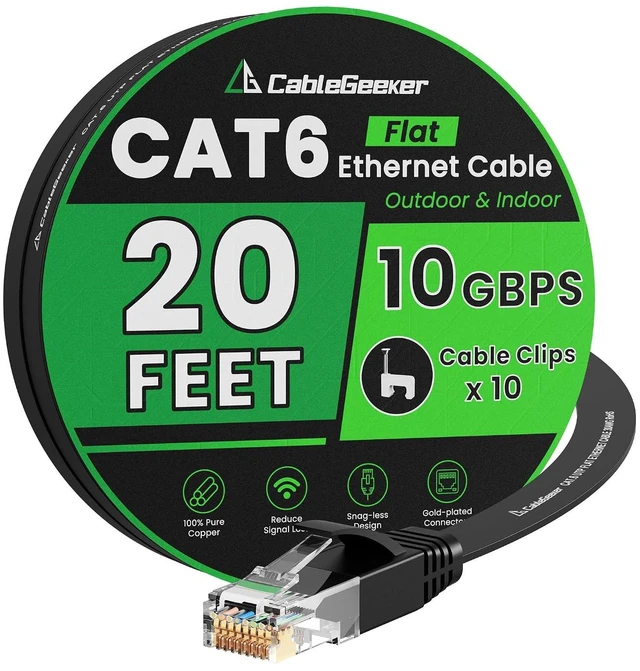 Main image of Cat 6 Ethernet Cable 20 ft, Indoor&Outdoor, High Speed 10Gbps Flat Internet Network Cable, Pure Copper Ethernet Patch Cable Long, Computer LAN Cable with Clips & Straps for Router, Modem, PS4/5, Black