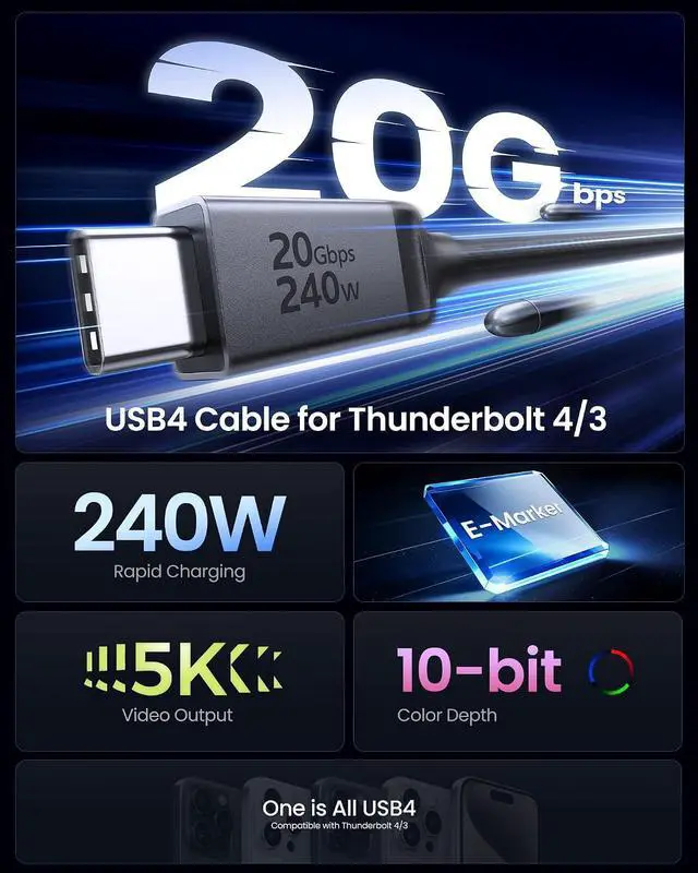 Alt view image 2 of 7 - Silkland USB 4 Cable Long for Thunderbolt 4 Cable 16.5FT/5M, 20Gbps Data Sync, 5K/4K@60Hz, 240W Charging, USB C Thunderbolt Cable, Compatible for MacBook, Dock, iPhone 17/16, ARZOPA, KYY, SSD