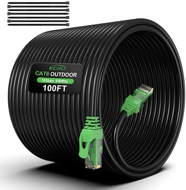 Main image of 100FT Cat6 Outdoor Ethernet Cable, In-Ground, Heavy Duty Direct Burial, 24AWG CCA Patch Cord for Laptops, PCs, Routers, Printers, Surveillance Camera, PoE, UTP Cat 6 Internet Cable with 25 Cable Ties