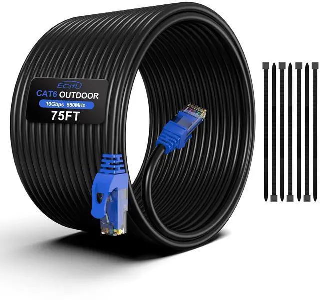 Main image of 75FT Cat6 Outdoor Ethernet Cable, Heavy Duty Direct Burial, In-Ground, 24AWG CCA Patch Cord, POE, UTP, Waterproof, LLDPE UV Resistant, Network, Internet, LAN, Cat 6 Cable 75 Feet with 25 Cable Ties