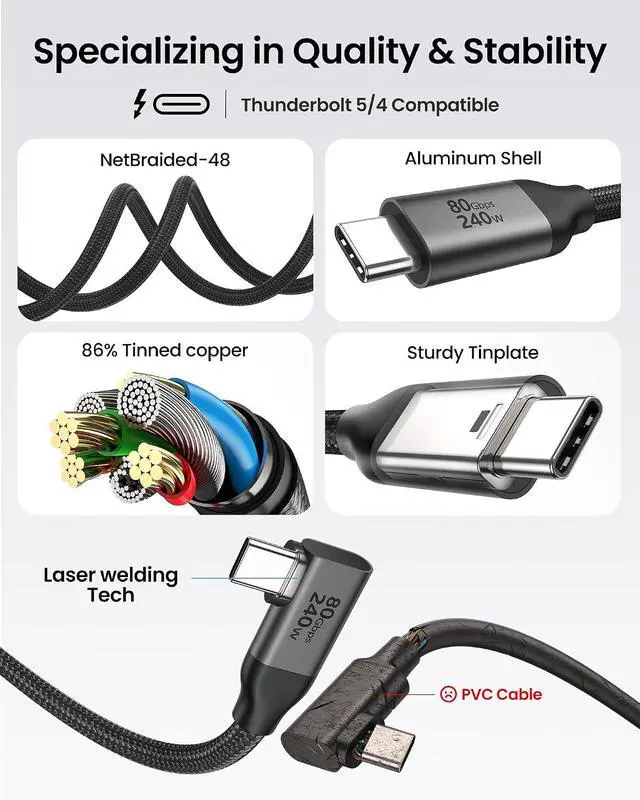 Alt view image 5 of 7 - Silkland 80Gbps Right Angle USB 4 Cable for Thunderbolt 5 Cable 6.6FT, 120Gbps Bandwidth for 16K/Dual 8K, 240W, 90 Degree Braided USB C Video Cable Compatible Thunderbolt 4/5, MacBook M6 Pro,Dock