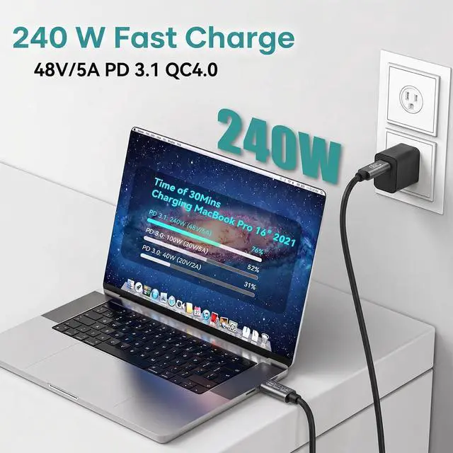 Alt view image 3 of 6 - Thunderbolt 5 Cable 80Gbps High Speed USB C Cable Supports 240W Fast Charing and 16K@60Hz Display Compatible with Thunderbolt 4/USB 4 MacBook, iPad, and More 3.3FT