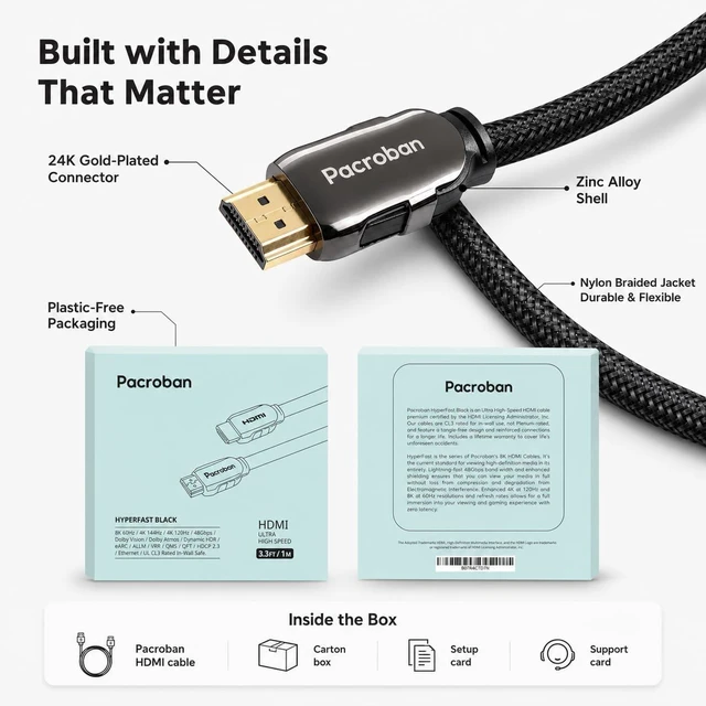 Alt view image 6 of 7 - Pacroban - 8K HDMI 2.1 Cable (6ft) 48Gbps Ultra High Speed Cable CL3 Rated in-Wall Safe, 10K 5K 4K 1080p at 120Hz 60Hz - Supports Dynamic HDR, HDCP, Dolby Vision, Dolby Atmos, Ethernet