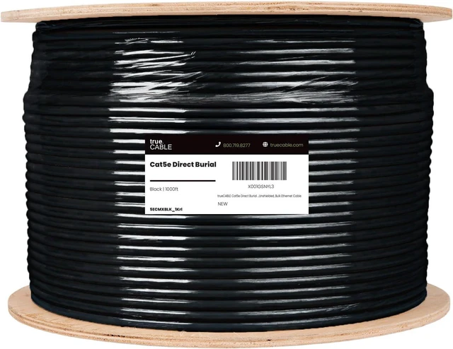 Alt view image 3 of 7 - TRUE CABLE Cat5e Direct Burial Bulk Ethernet Cable, Unshielded U/UTP, 1000ft, Black, Waterproof, Outdoor OSP Jacket, 24AWG Solid Bare Copper, 350MHz, PoE++ 100W