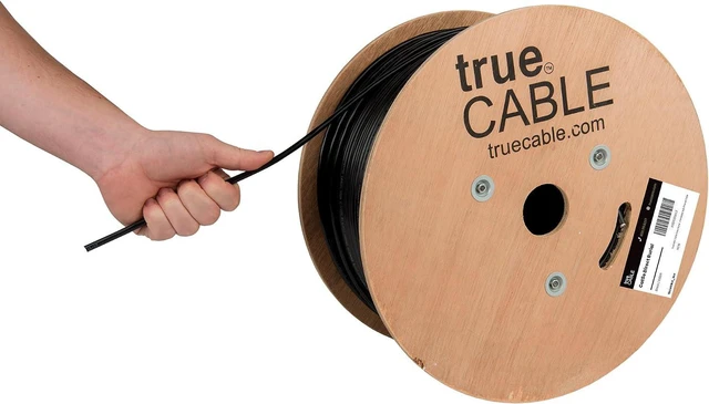 Main image of TRUE CABLE Cat5e Direct Burial Bulk Ethernet Cable, Unshielded U/UTP, 1000ft, Black, Waterproof, Outdoor OSP Jacket, 24AWG Solid Bare Copper, 350MHz, PoE++ 100W