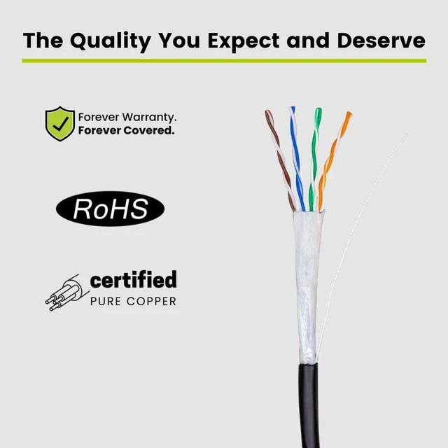Alt view image 4 of 7 - TRUE CABLE Cat5e Direct Burial Bulk Ethernet Cable, Unshielded U/UTP, 1000ft, Black, Waterproof, Outdoor OSP Jacket, 24AWG Solid Bare Copper, 350MHz, PoE++ 100W