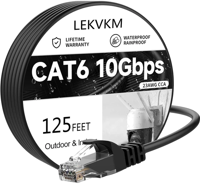 Main image of Cat 6 Ethernet Cable 125 ft LEKVKM High Speed 23AWG RJ45 Internet Cable for Outdoor & Indoor Support CAT6 Network Solid Black Computer LAN for PC125Feet